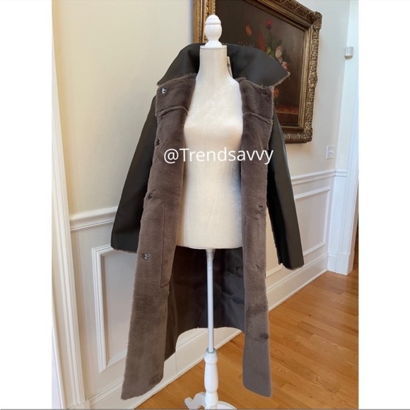 ANTHROPOLOGIE Maeve Kerry Reversible Faux Fur Shearling Long Coat Dark Grey NWT - Picture 4 of 14